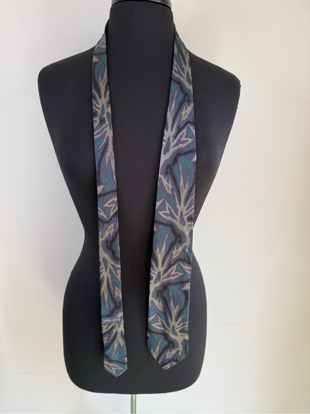 Giorgio Armani Silk Tie in Teal, Navy and Gray Leaf Pattern